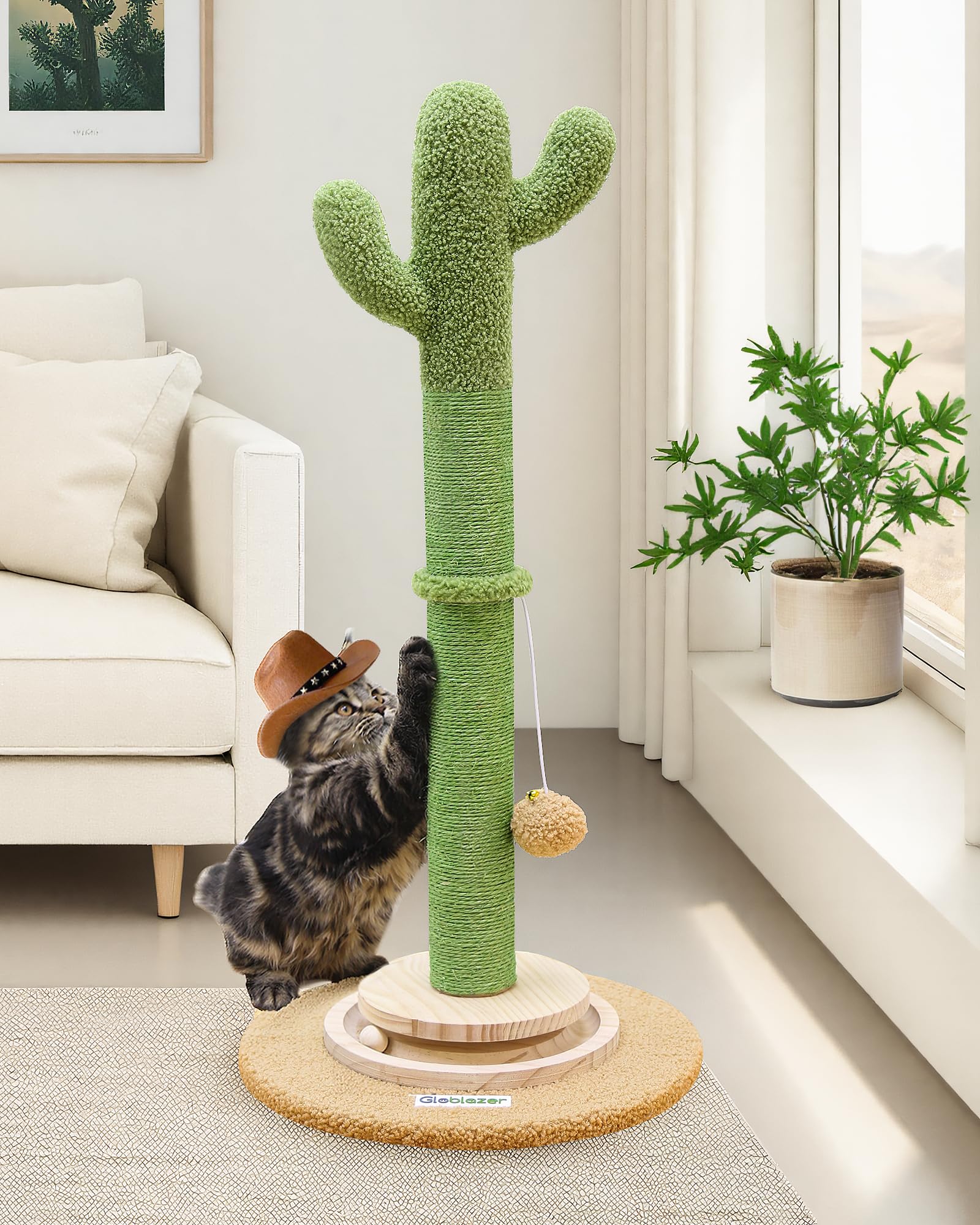 Globlazer cactus scratching post with wooden ball track encourages playful engagement and claw maintenance.