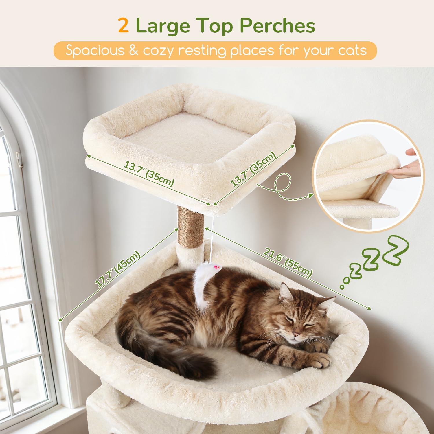 Globlazer cat condos close-up, two spacious resting spaces for large cats.