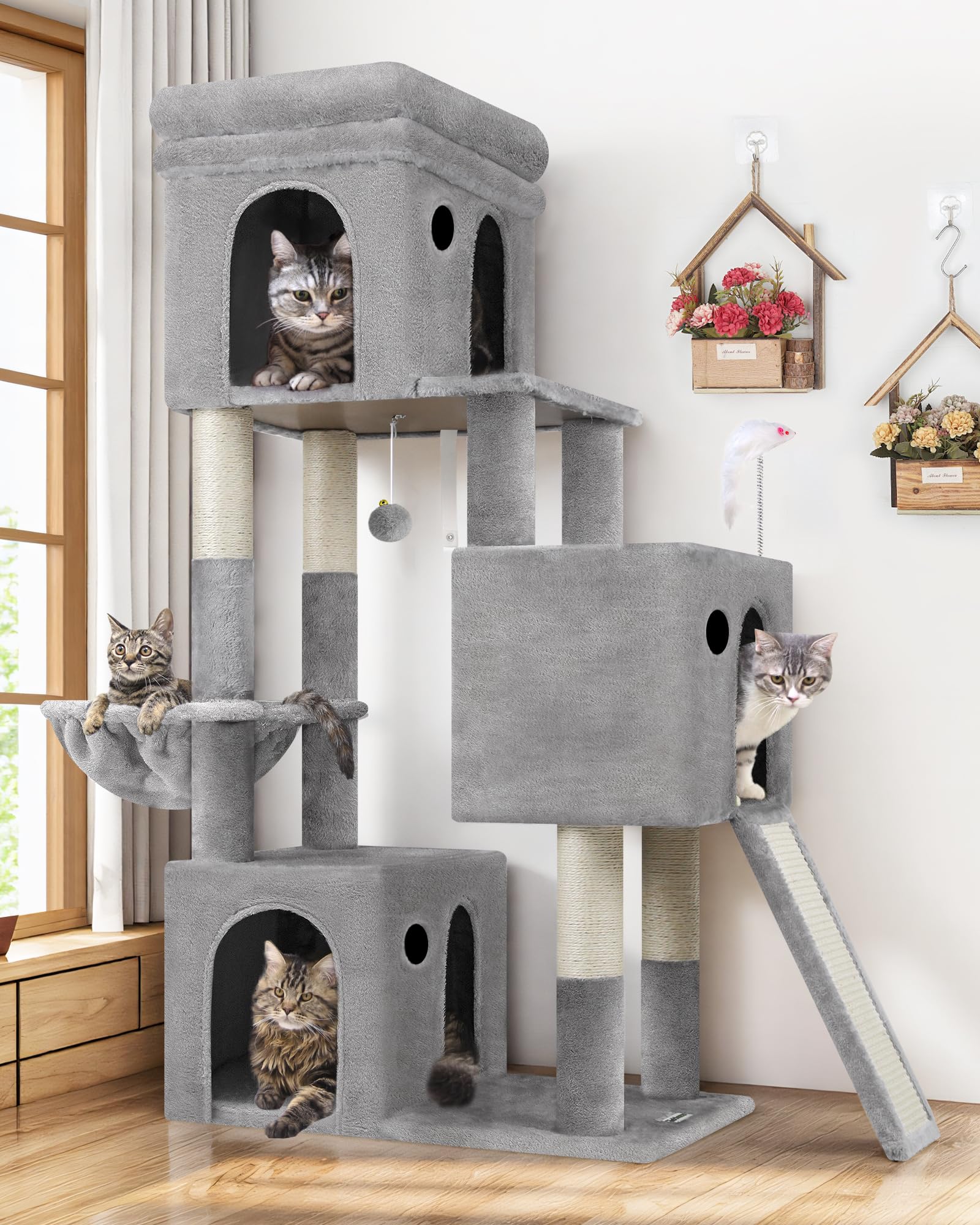 Globlazer cat tower shows three cozy condos for multiple cats