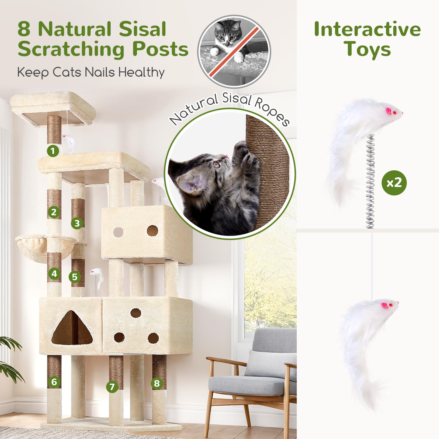 Globlazer cat tower with eight scratching posts for durable scratching outlets