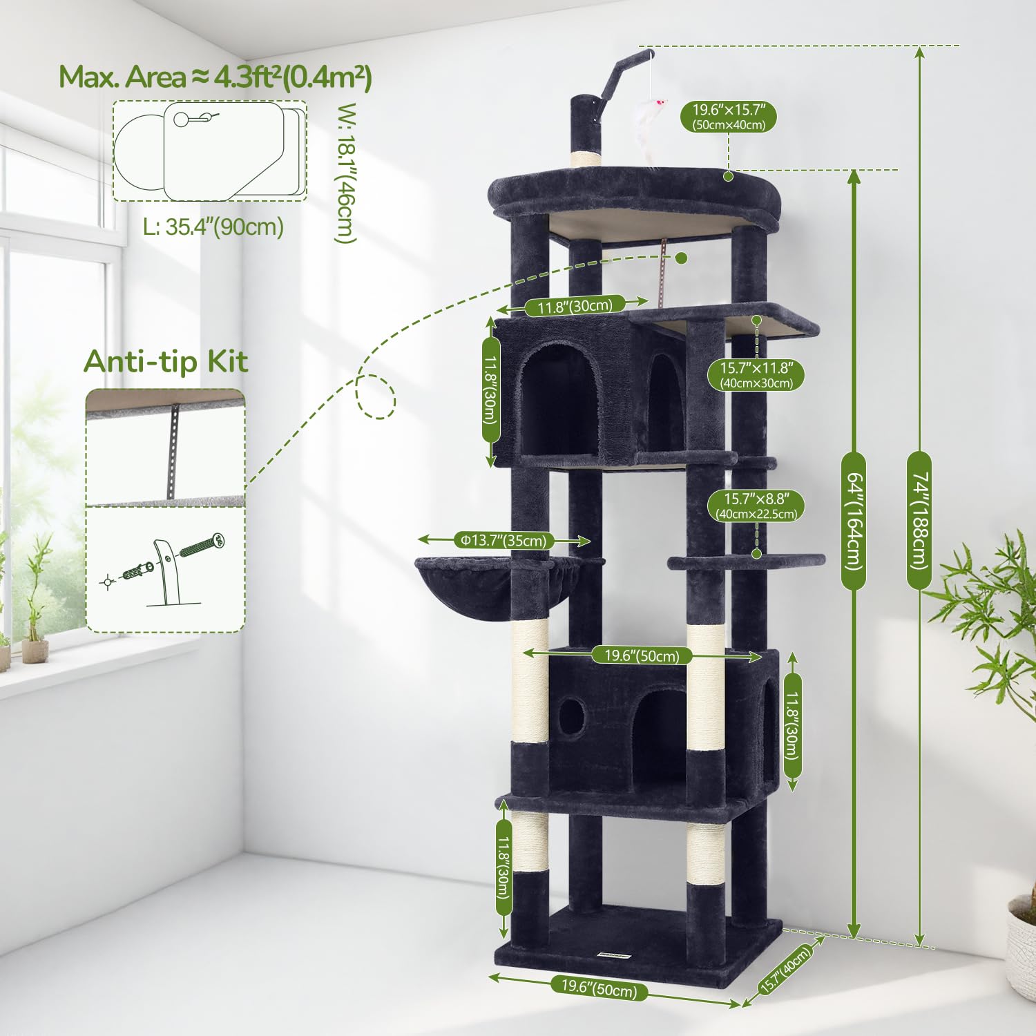 Globlazer cat-tower anti-tip system keeps active cats stable during play.