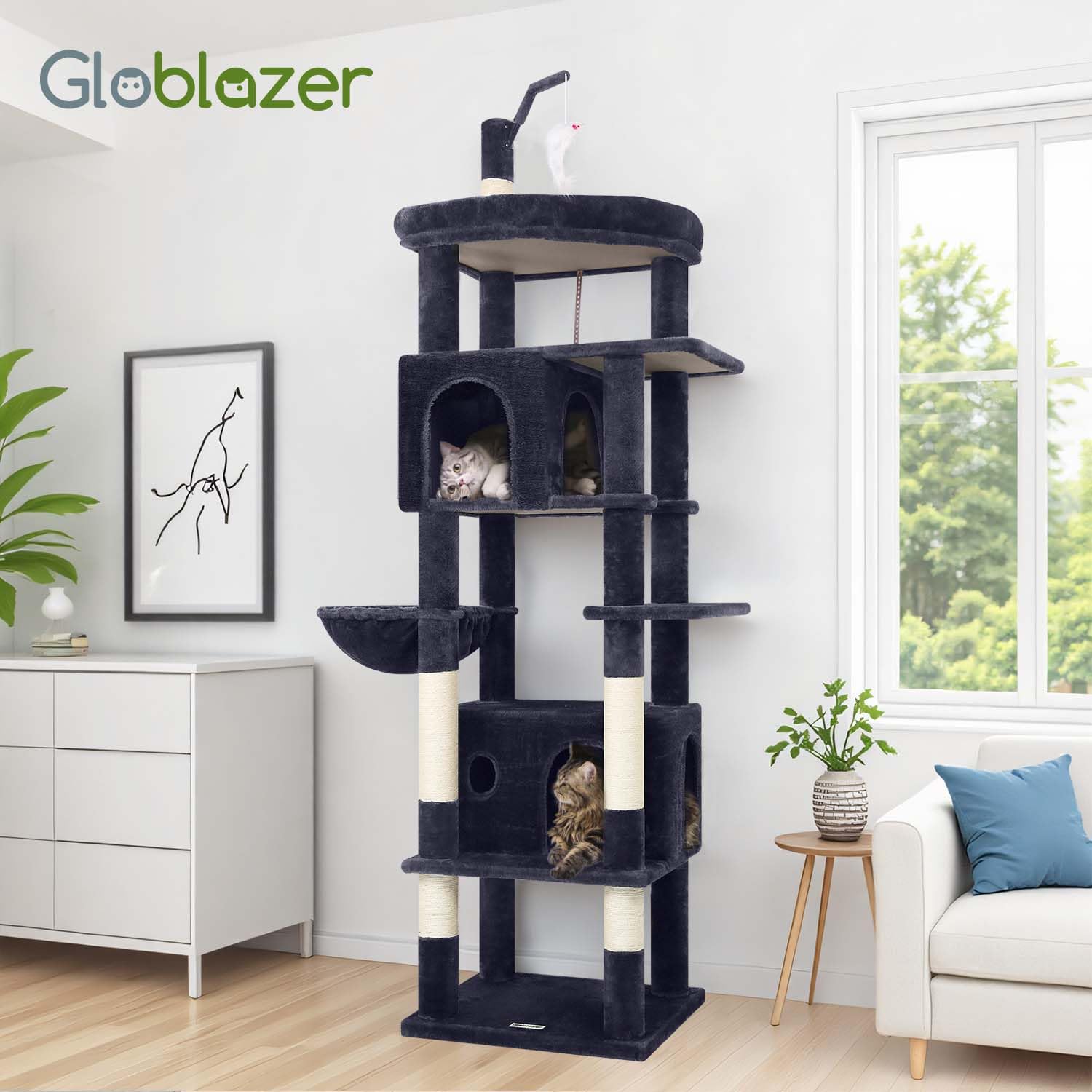 Globlazer cat-tower assembly tools and labeled parts simplify quick setup.