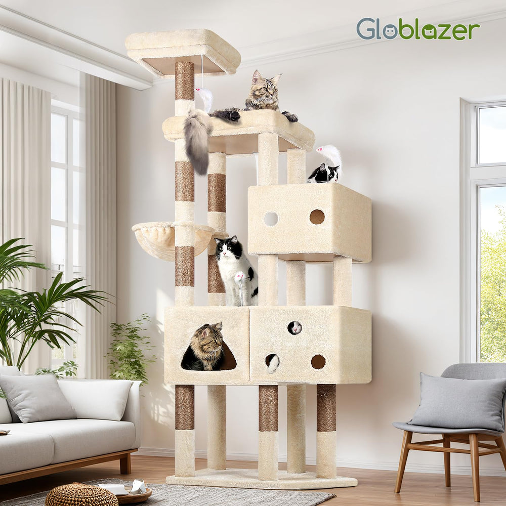 Globlazer beige fabric cat tower blends with decor and supports indoor play