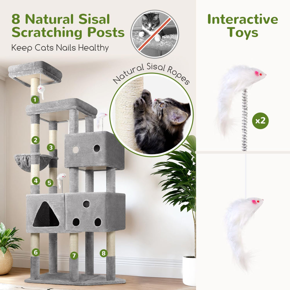 Globlazer multi-cat tower assists engaging play and safe hideouts for multiple felines.