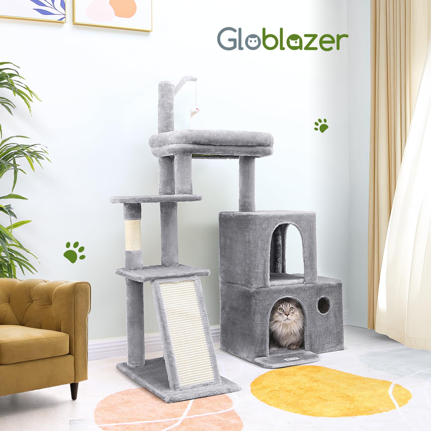 Globlazer cat tower front view highlights sturdy construction and compact footprint.