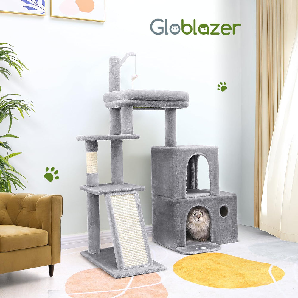 Globlazer cat tower front view highlights sturdy construction and compact footprint.