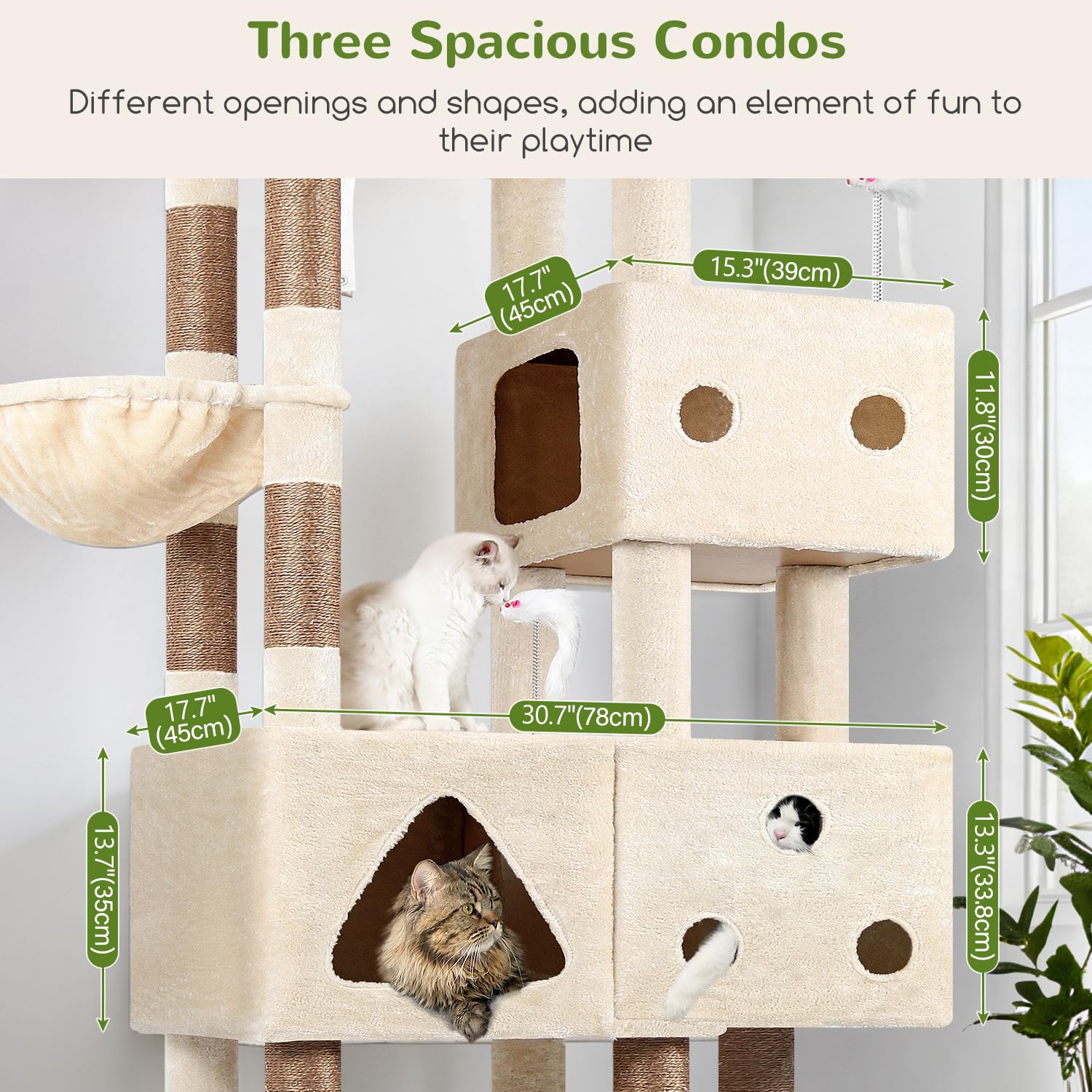 Globlazer hanging basket rest on a tall beige cat tower for sunlit lounging