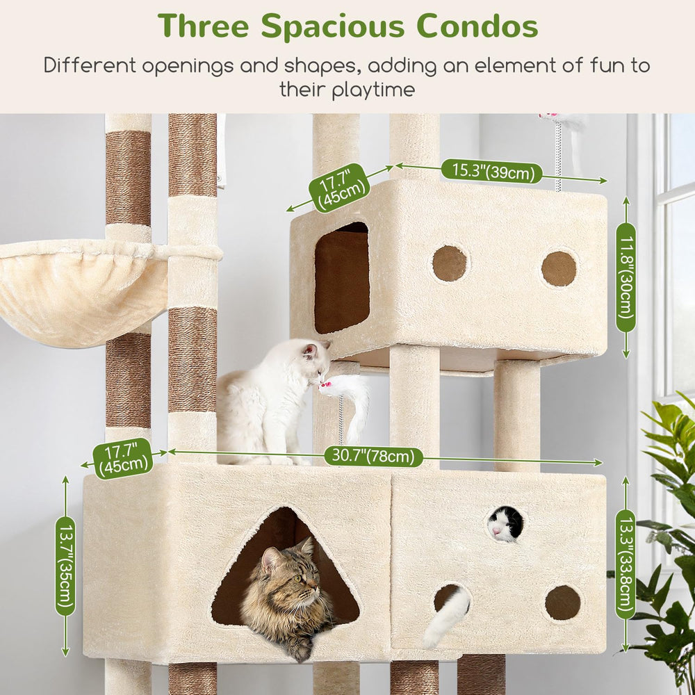 Globlazer hanging basket rest on a tall beige cat tower for sunlit lounging