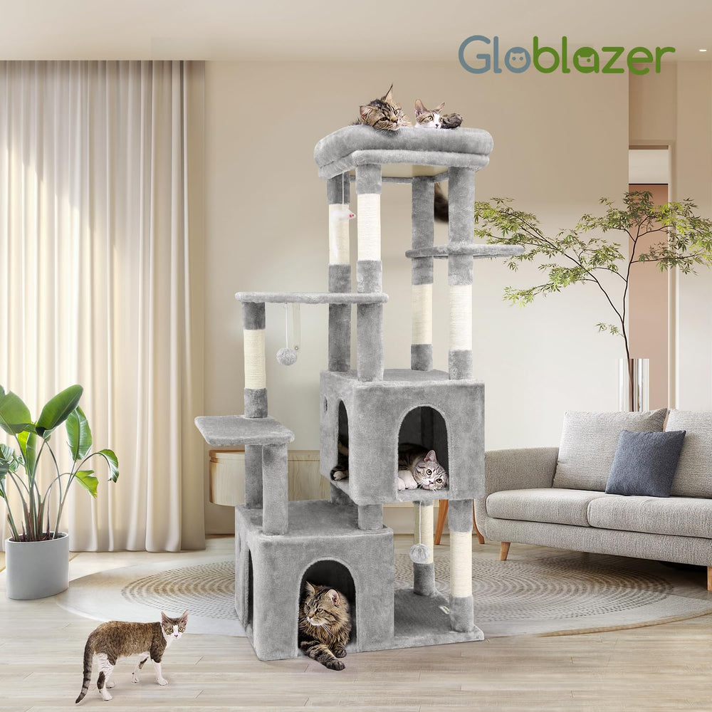 Globlazer cat tower in use showcases size, perch space, and cozy condos