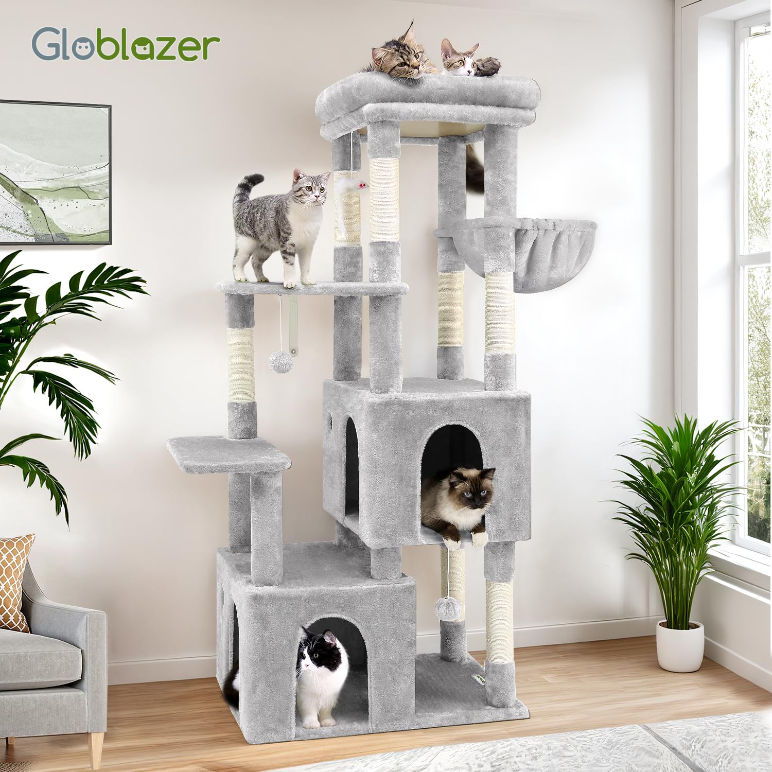 Globlazer cat tower spacious base provides stable foundation for big cats.