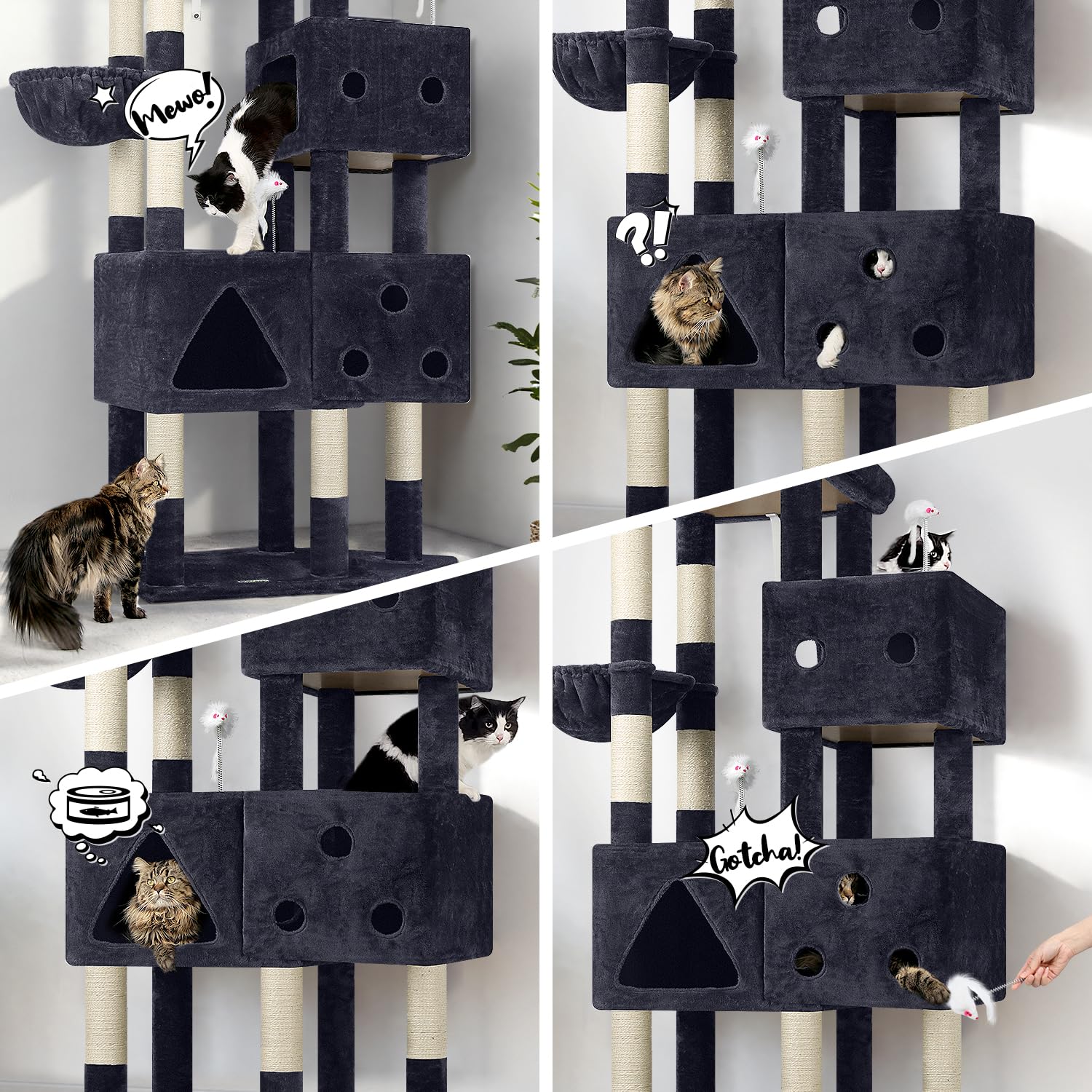 Globlazer cat tree with three condos provides private spaces for multiple cats