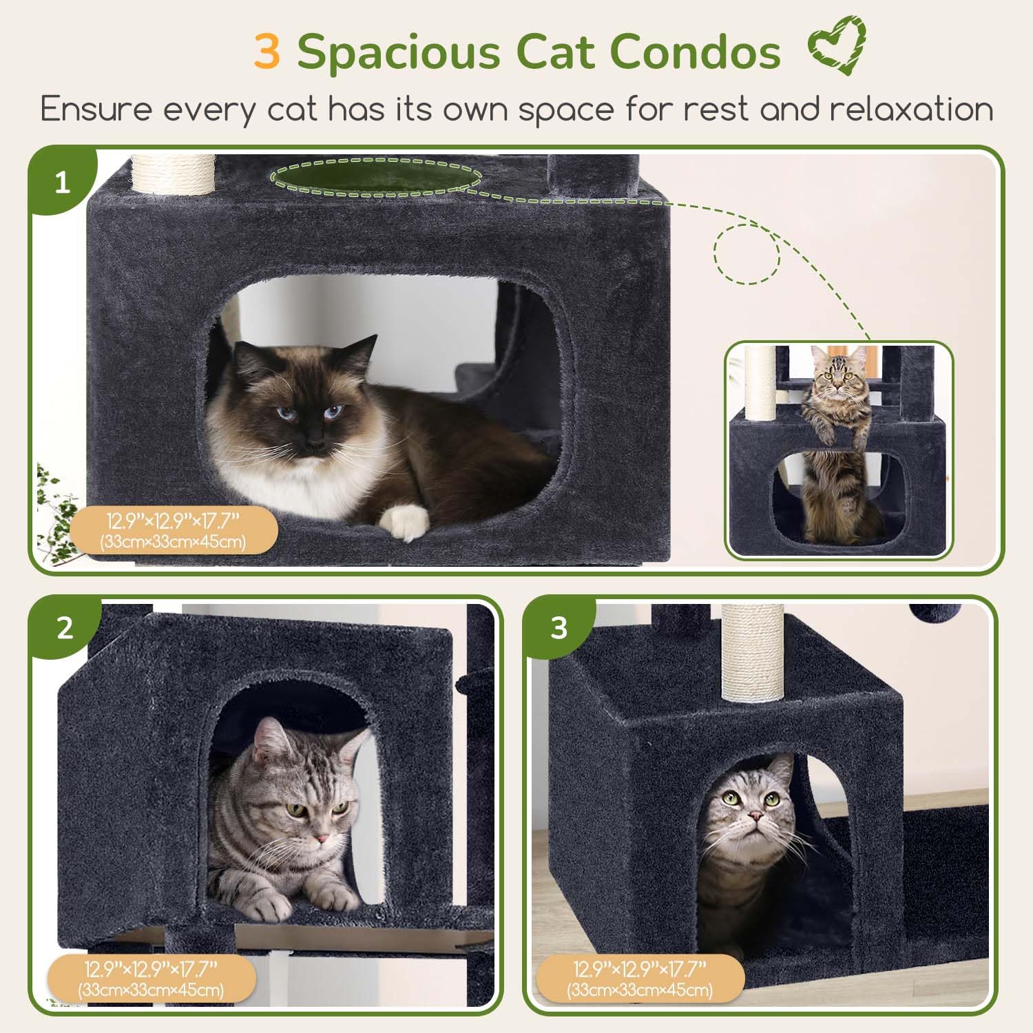 Globlazer cat tree with 3 condos highlights equal private space for multiple felines.