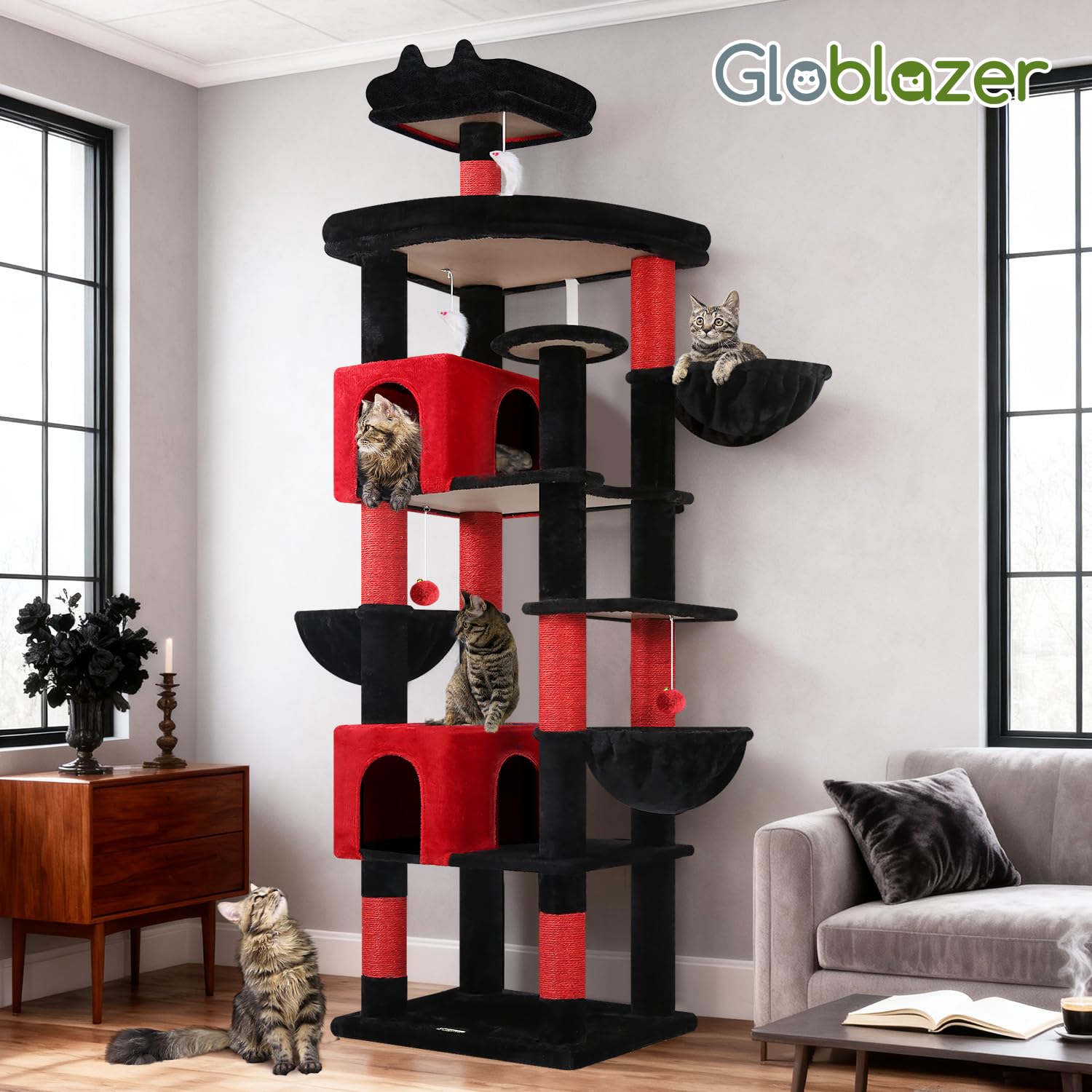 Globlazer cat tree 82in room view shows space-saving play and perching