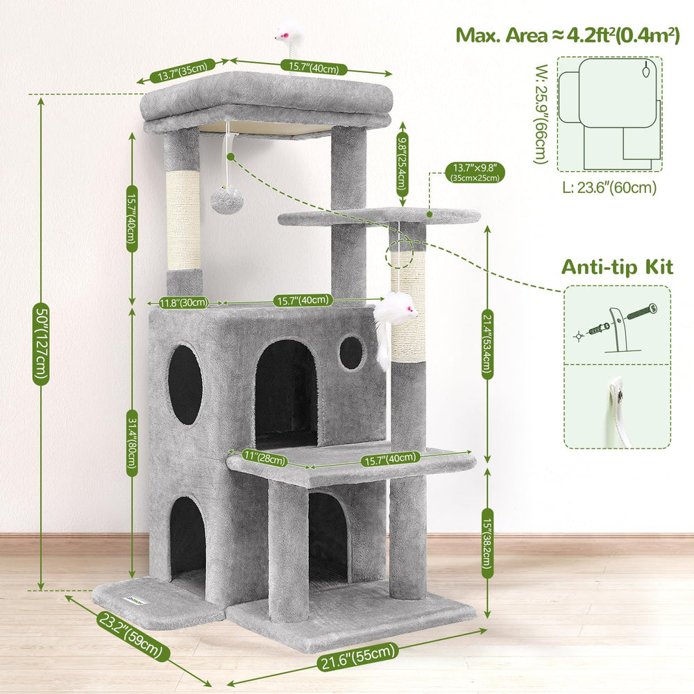 Globlazer cat tree tower in use with dangling toys and two caves for play and retreat.