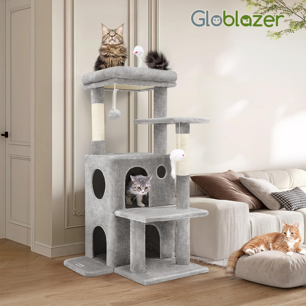 Globlazer cat tree tower close-up scratching post for durable clawing and grooming.