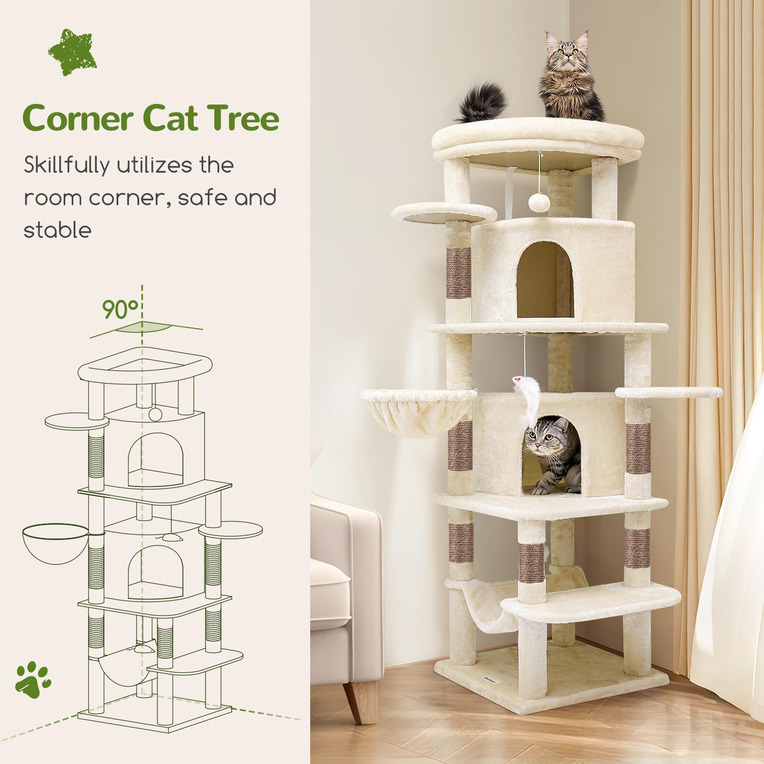 Globlazer Corner Cat Tree front view in beige highlights multi-level climbing for cats.