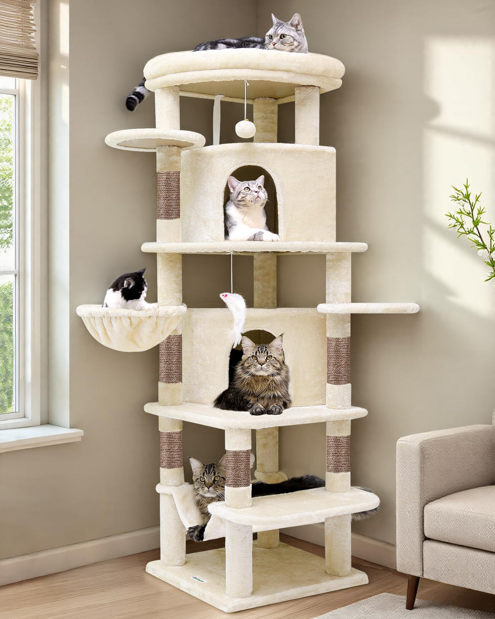 Globlazer Corner Cat Tree side view in beige showcases space-saving corner placement for large cats.