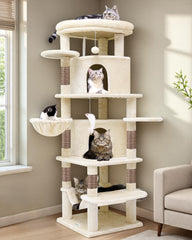 Globlazer Corner Cat Tree side view in beige showcases space-saving corner placement for large cats.