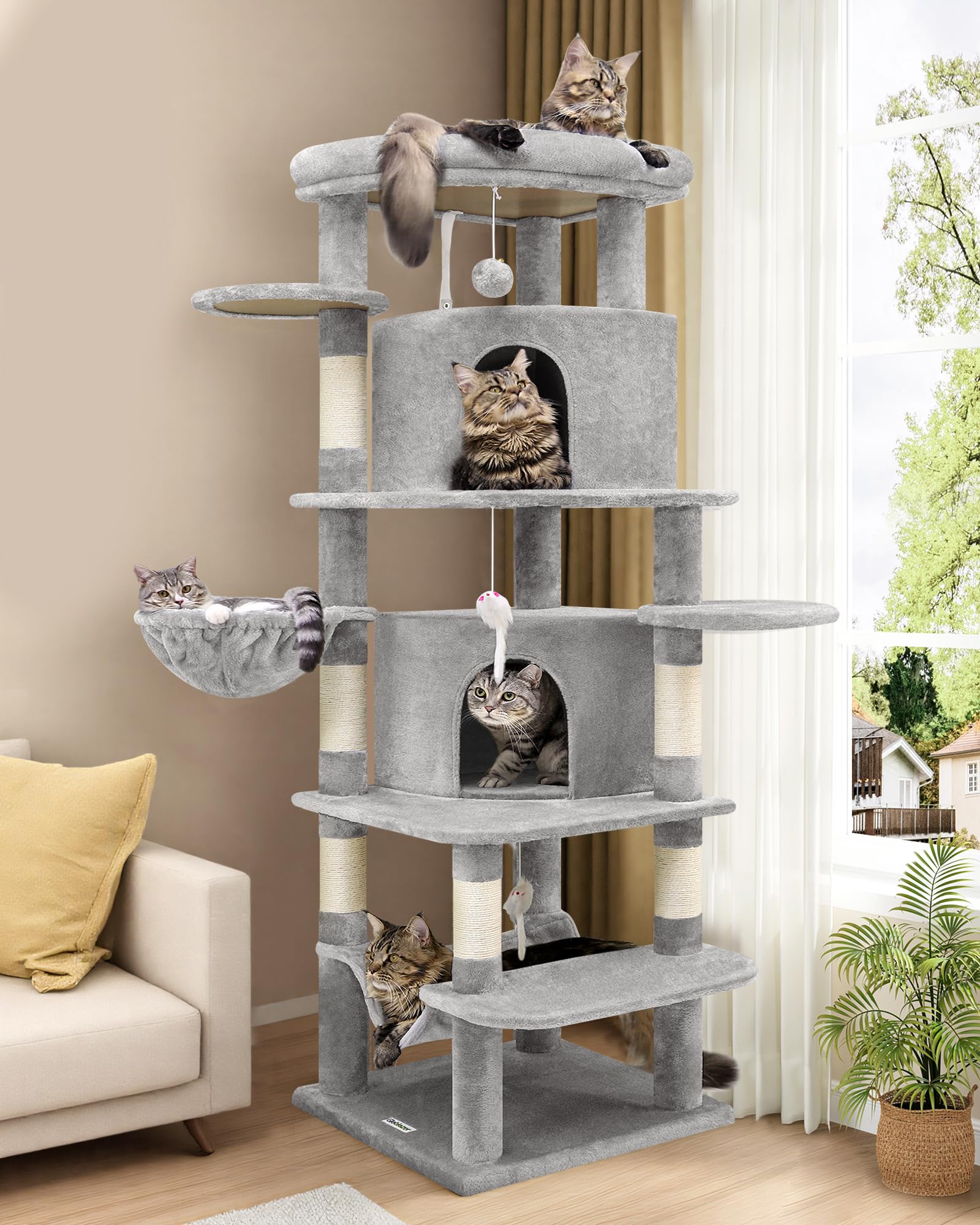 Globlazer corner cat tree 66inch tall highlights space-saving curved design for large cats.