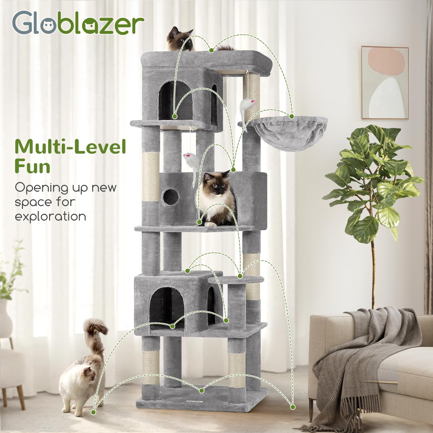 Globlazer Corner Cat Tree assembly-view shows full multi-level setup