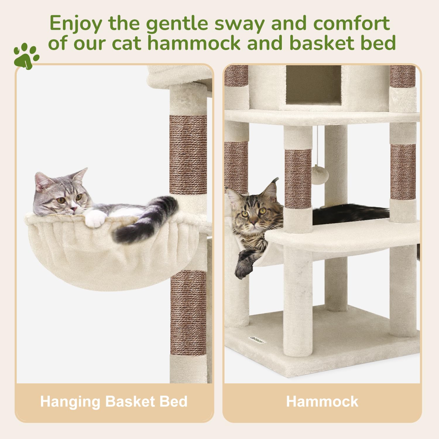 Globlazer hammock and basket offer cosy resting options and gentle swaying.