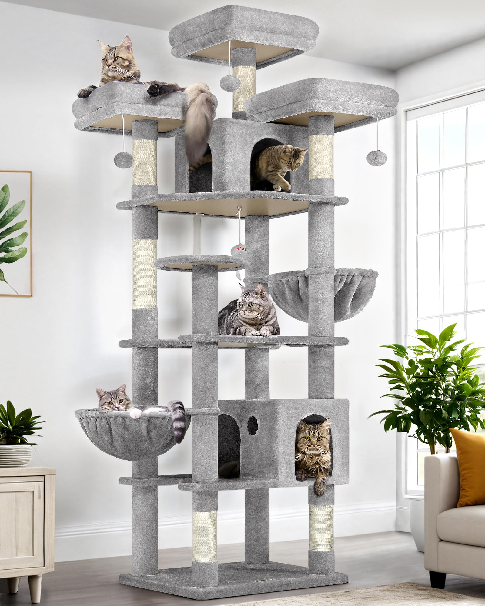 Globlazer F82 tall cat tree perches give cats elevated views for safe sunlit lounging.