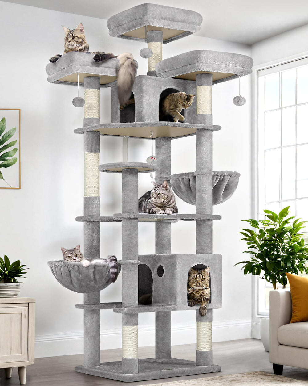 Globlazer F82 tall cat tree perches give cats elevated views for safe sunlit lounging.