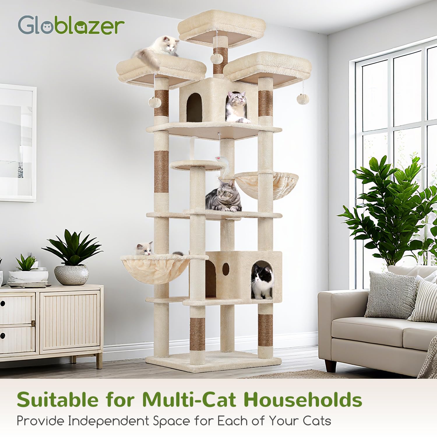 Globlazer F82 XXL cat tree base closeup highlights sturdy construction and beige finish