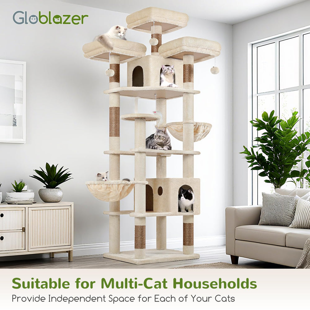 Globlazer F82 XXL cat tree base closeup highlights sturdy construction and beige finish