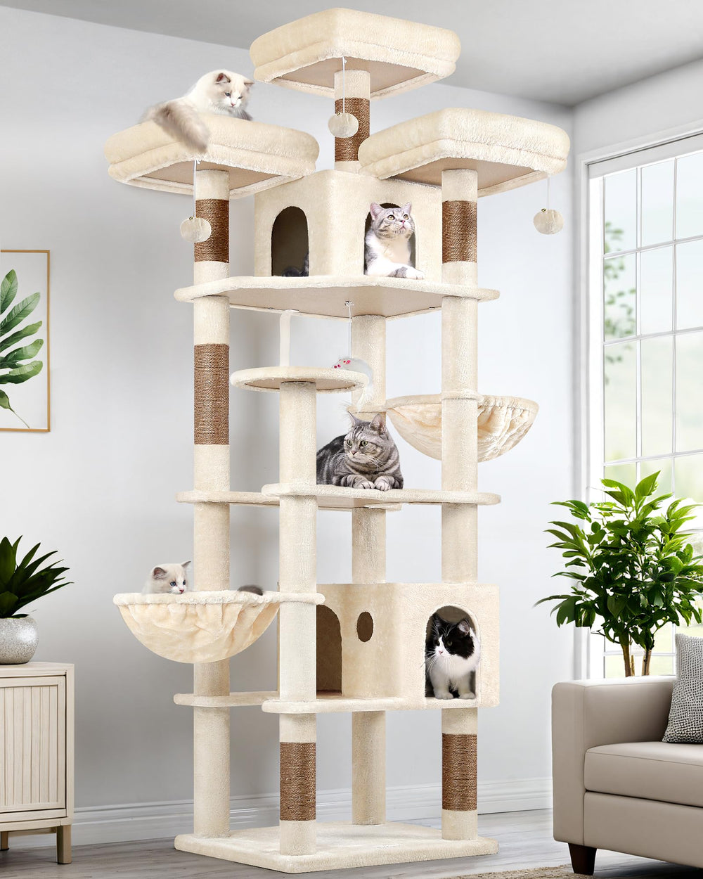 Globlazer F82 XXL cat tree side view highlighting multi-cat play and climbing potential