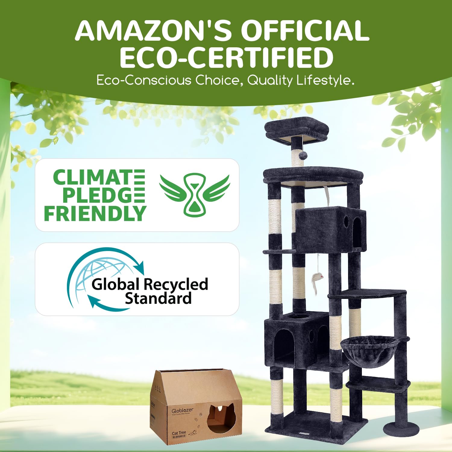 Globlazer Giant Cat Tree includes hanging mouse toys for interactive playtime.