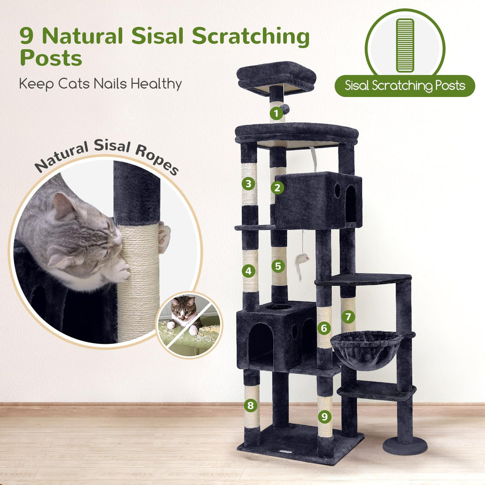 Globlazer Giant Cat Tree features 9 natural sisal posts for scratching.
