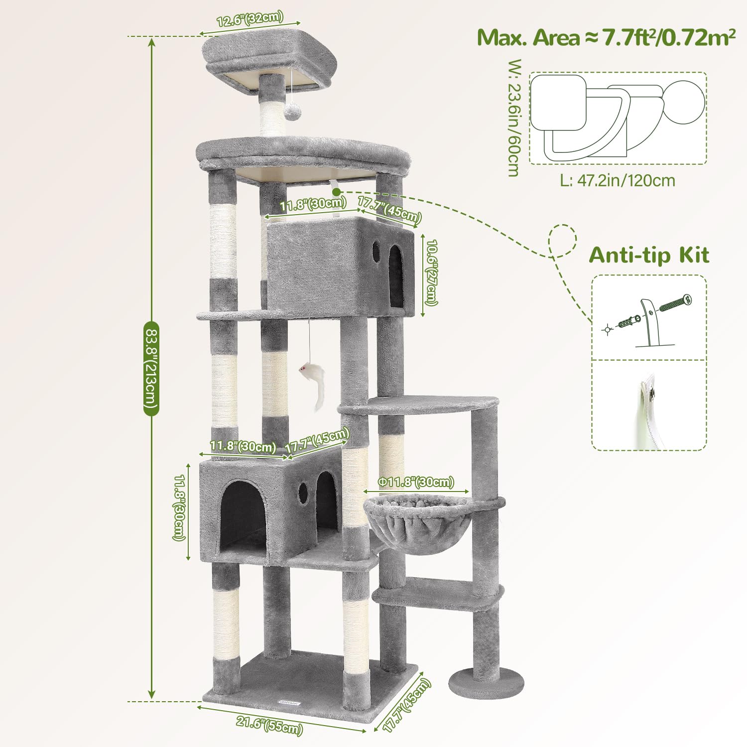 Globlazer Giant Cat Tree with hanging toys for active cats.
