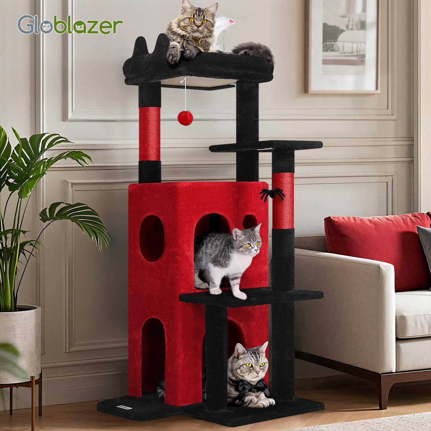 Globlazer Gothic Cat Tree features dangling toys for interactive fun