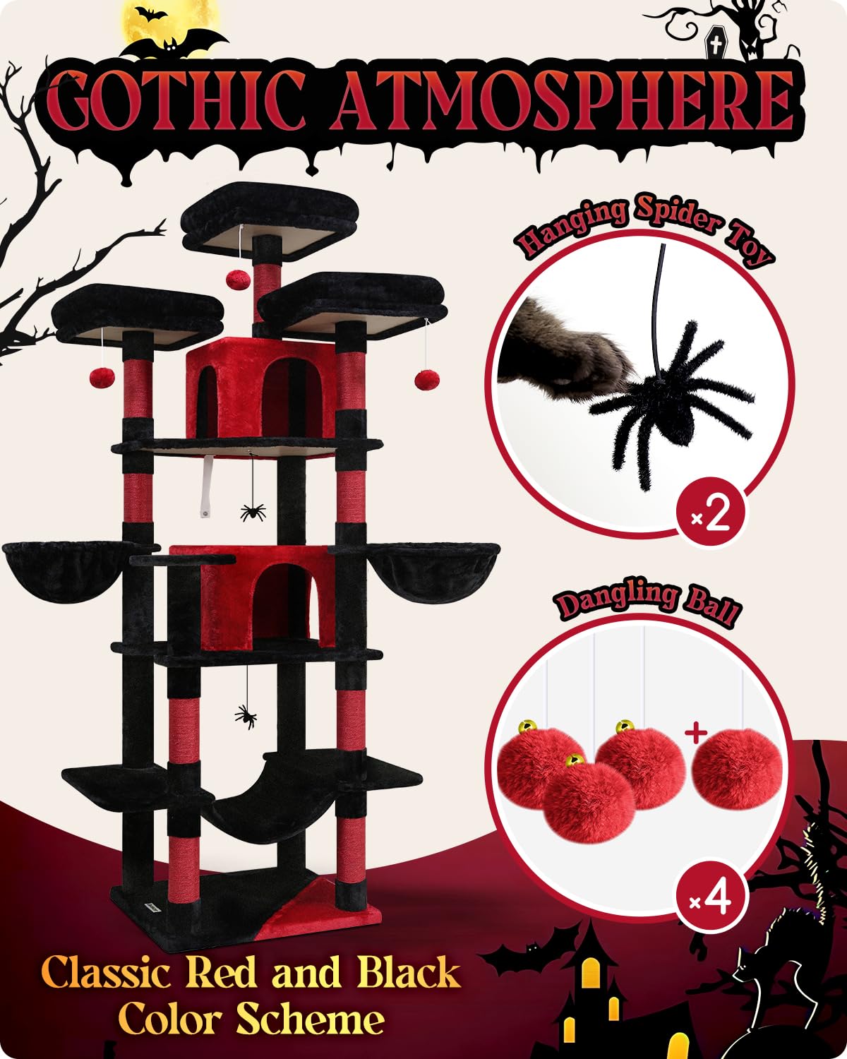 Globlazer Gothic Cat Tree hammock and hanging baskets add cozy lounging options.