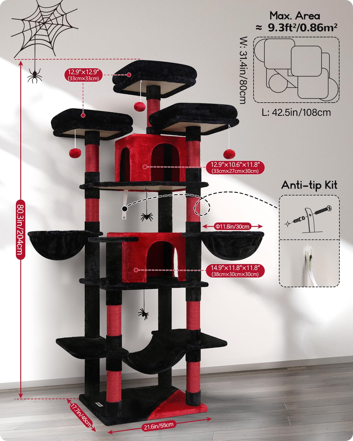 Globlazer Gothic Cat Tree 80-inch height fits spacious interiors with minimal footprint.