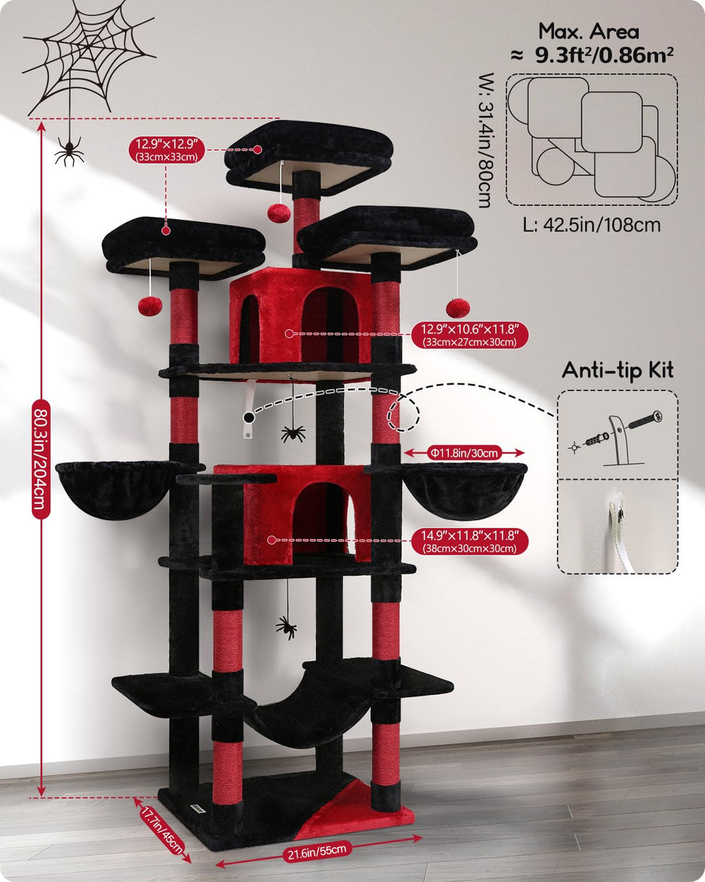 Globlazer Gothic Cat Tree 80-inch height fits spacious interiors with minimal footprint.