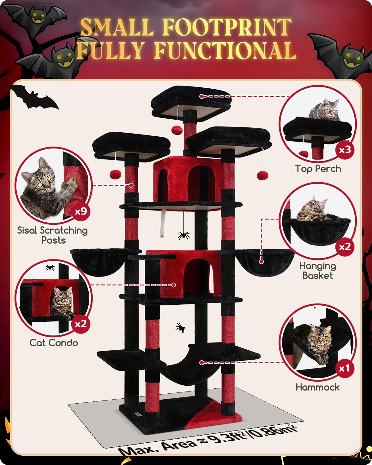 Globlazer Gothic Cat Tree top perches highlight elevated vantage points for curious cats.