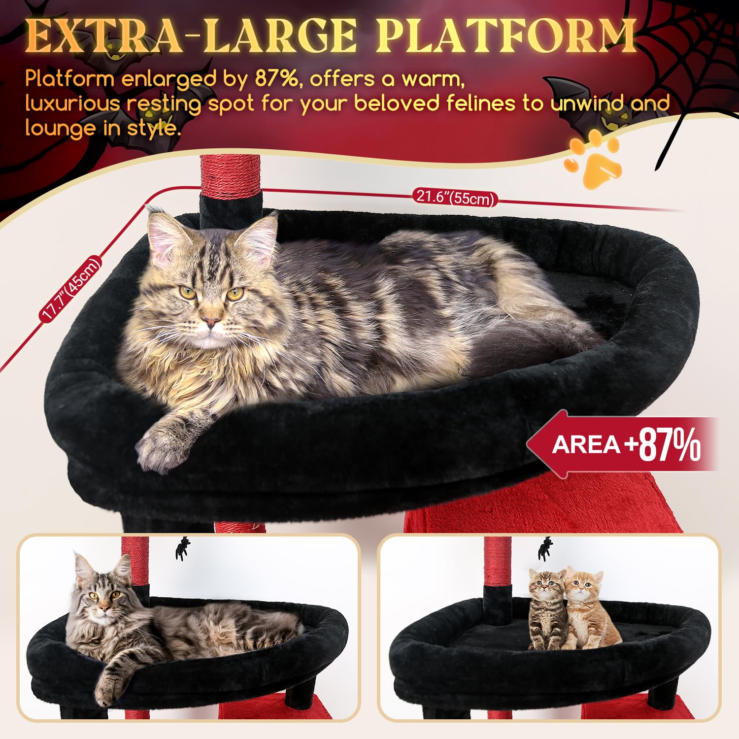 Globlazer Gothic Giant Cat Tree condo-2 offers a spacious retreat for big felines to nap.