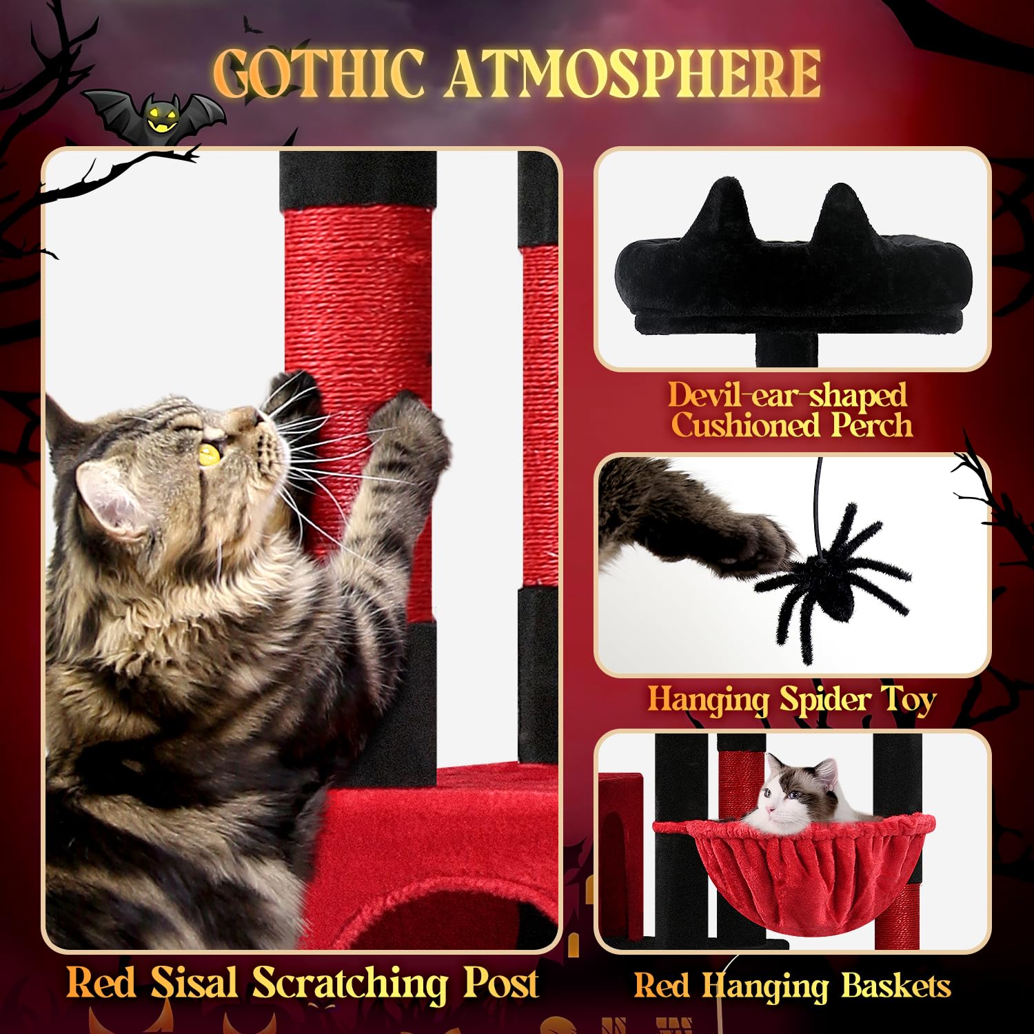 Globlazer Gothic Giant Cat Tree stable-trapezoid-design ensures secure, sturdy play for active cats.