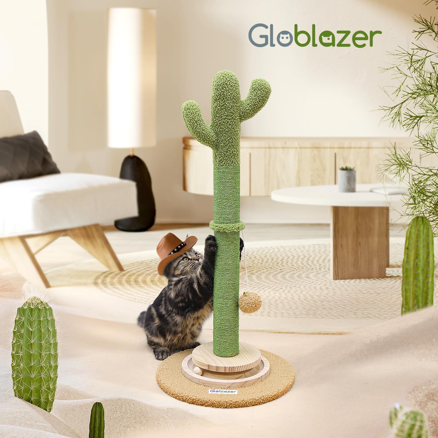 Globlazer modern wooden base blends with home decor while cats enjoy scratching.