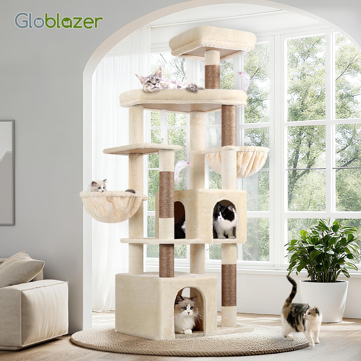 Globlazer sturdy cat tree features five scratching posts to protect furniture.
