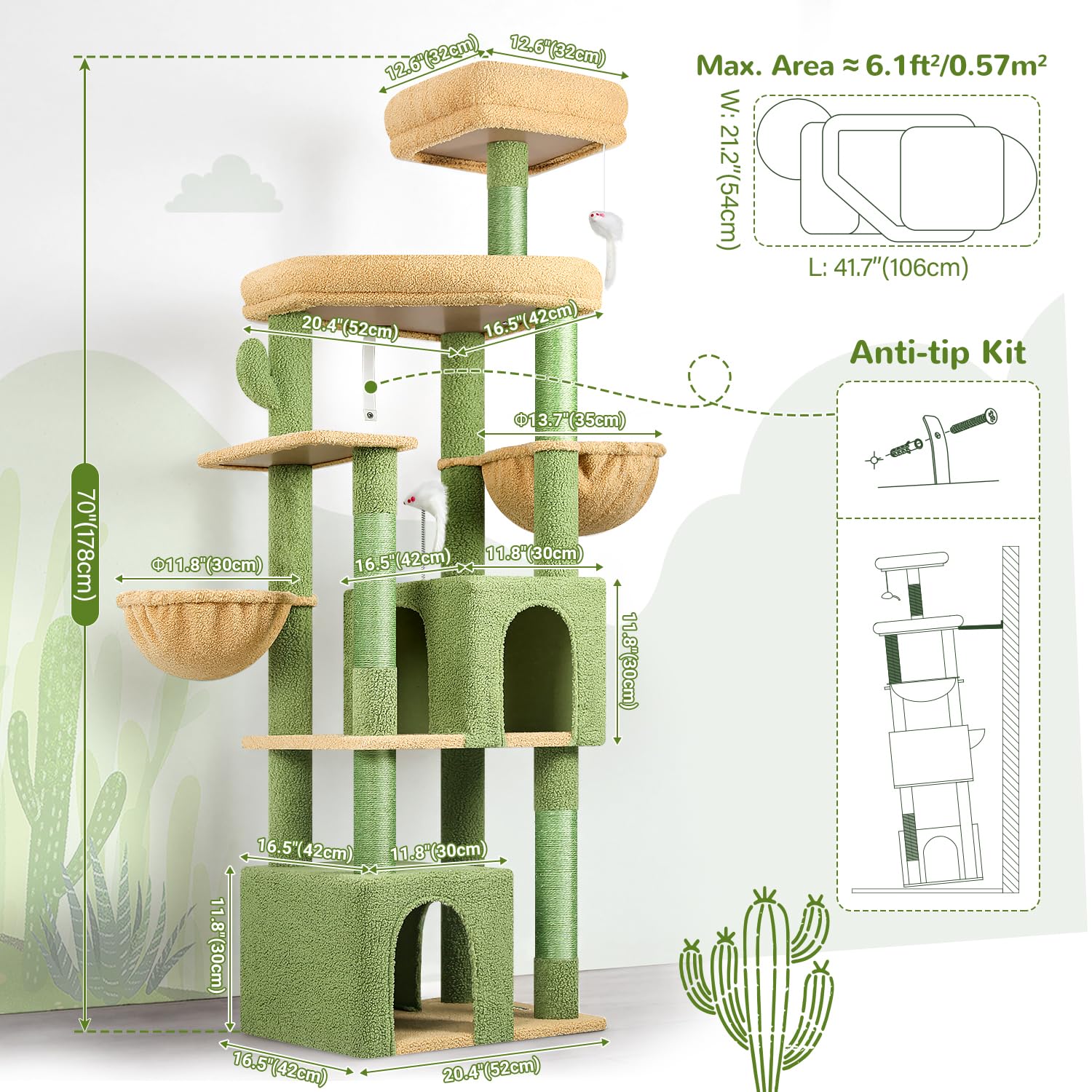 Globlazer sturdy cat tree green angle view shows tall, stable construction