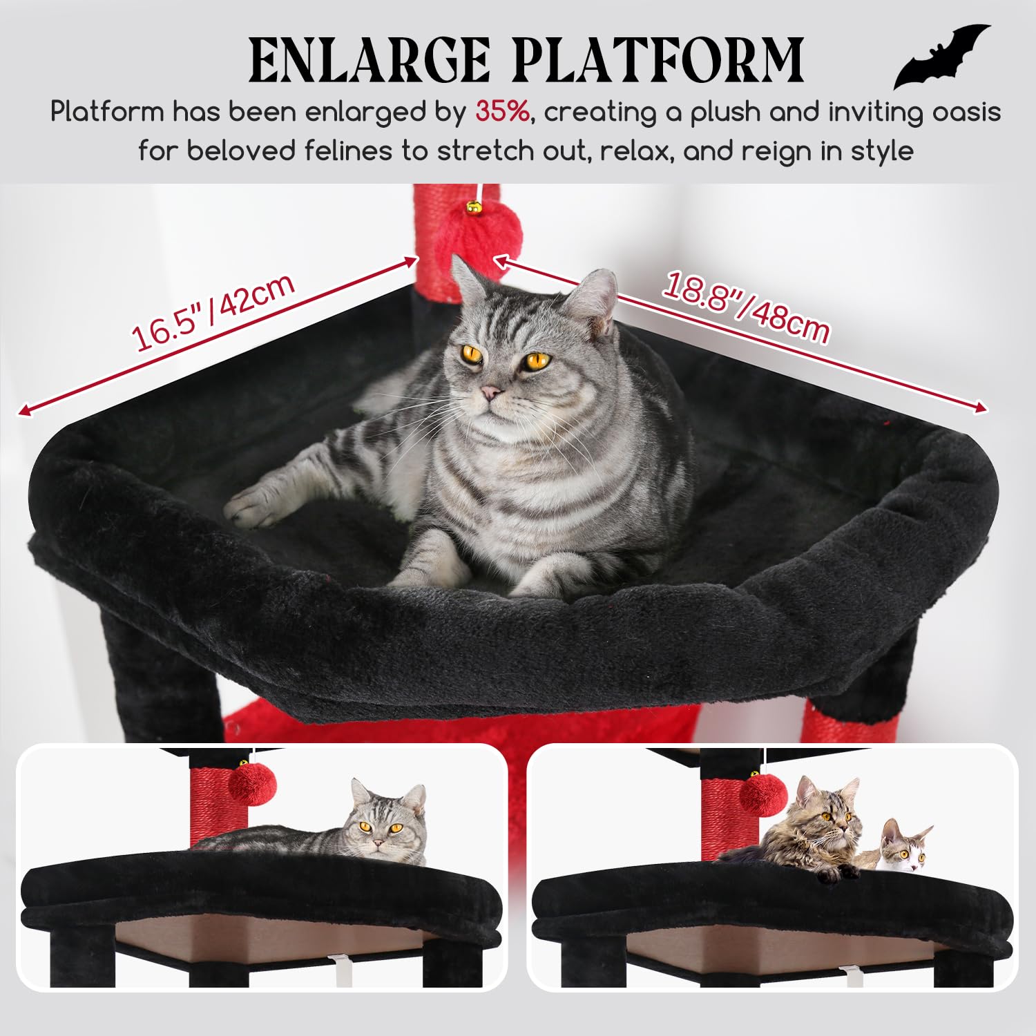 Globlazer xl cat-tree enlarged perches offer comfy spots for cats of all sizes.