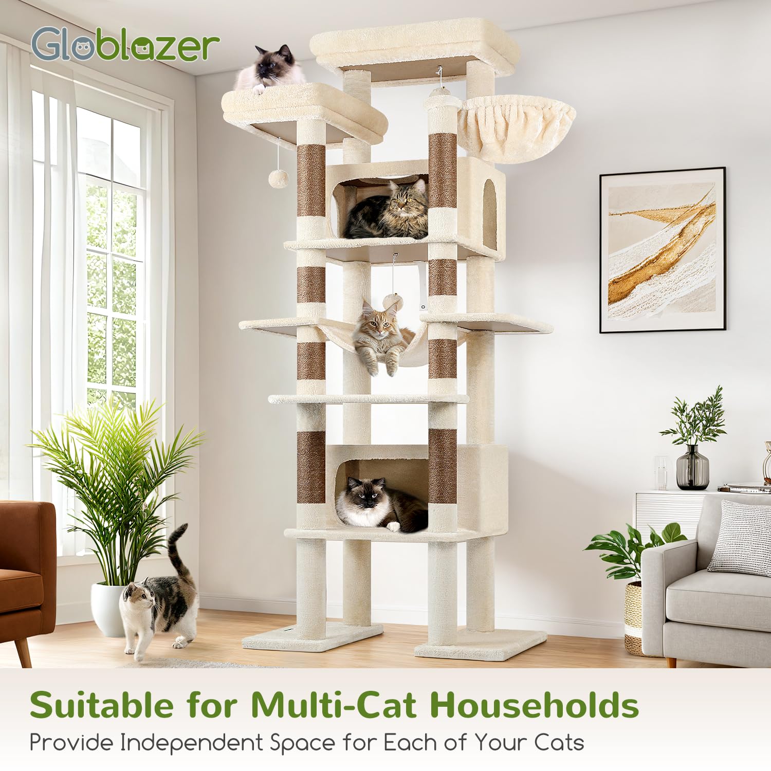 Globlazer XXL cat tree hammock image illustrating multi-cat lounging.