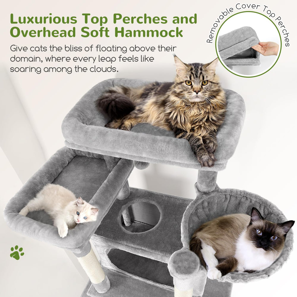 Globlazer XXL cat tree shows eight sisal posts for scratching and furniture protection.