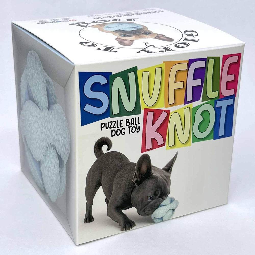 Glory To Dog Blue Snuffle Knot close-up reveals eight squeakers and crinkle textures for sensory play