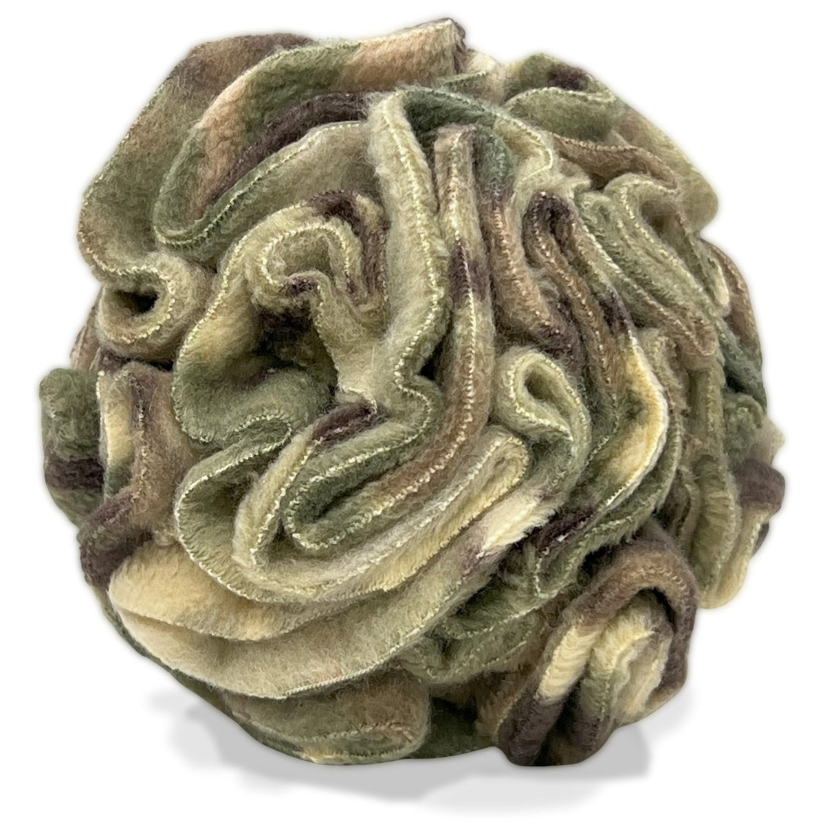 Glory To Dog snuffle ball camouflage close-up showing soft fleece folds for scent-based play.