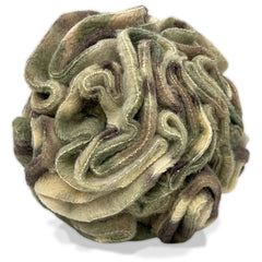 Glory To Dog snuffle ball camouflage close-up showing soft fleece folds for scent-based play.