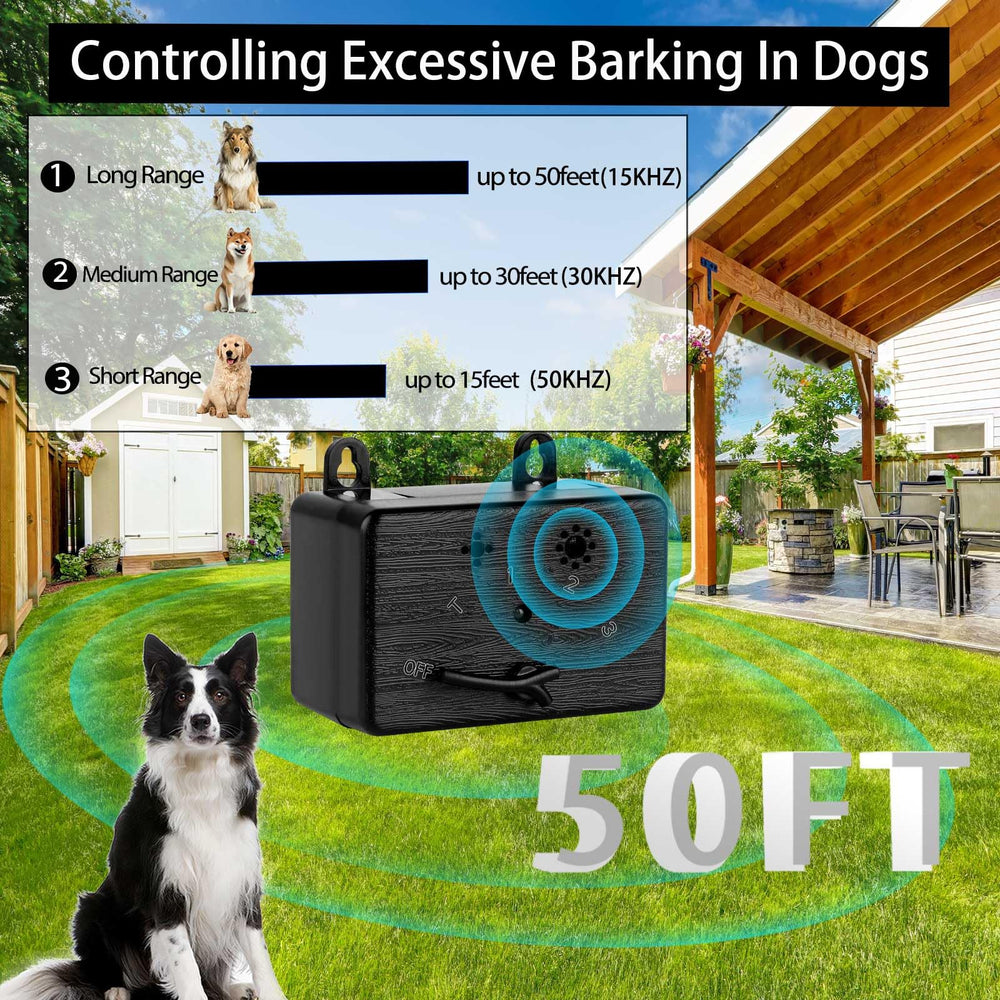 GlossyEnd ultrasonic bark deterrent modes show four settings for tuning distance in homes.